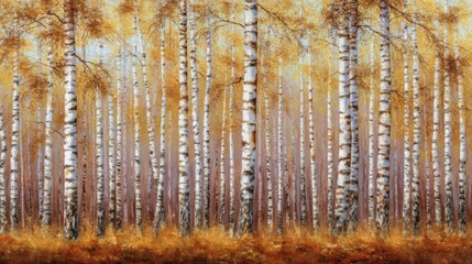 Obraz premium Tall white birch trees with black stripes stand in a serene forest,