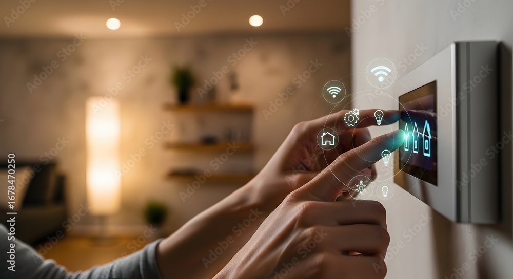 Poster close-up of a person's hands using a smart home control panel on the wall to manage a modern home au