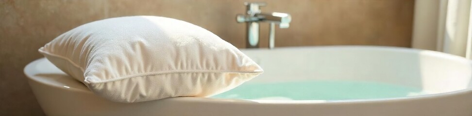 Obraz premium Luxurious bathroom pillows, fluffy and soft, perfect for a relaxing bath Ideal for spa-like ambiance, adding comfort and style to your bathroom retreat , bath decor, bath time