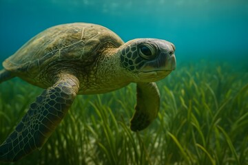 Fototapeta premium Majestic sea turtle glides gracefully through lush underwater seagrass meadows, embodying ocean tranquility and natural beauty.