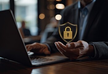 Hands holding a digital shield with padlock over a laptop
