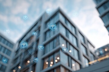 Modern buildings connected by a network of wireless signals
