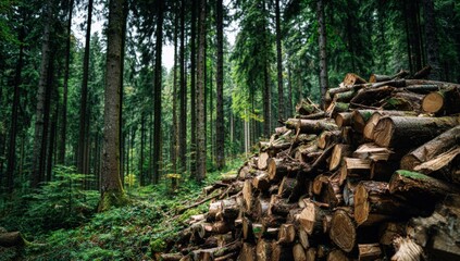 A large pile of firewood in a lush forest