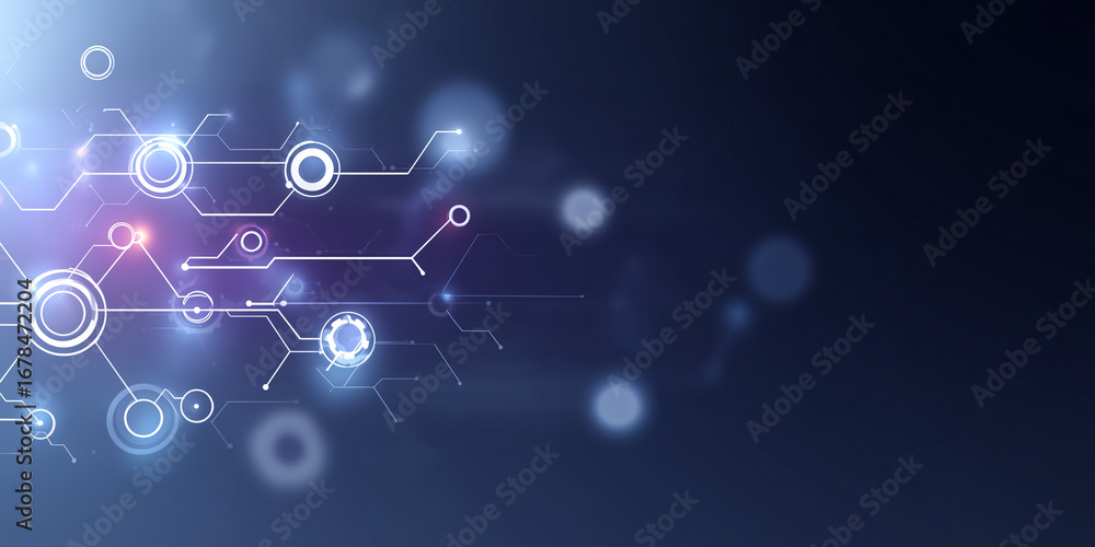 Poster an abstract digital circuit design, conveying a sense of connectivity and technological innovation. 