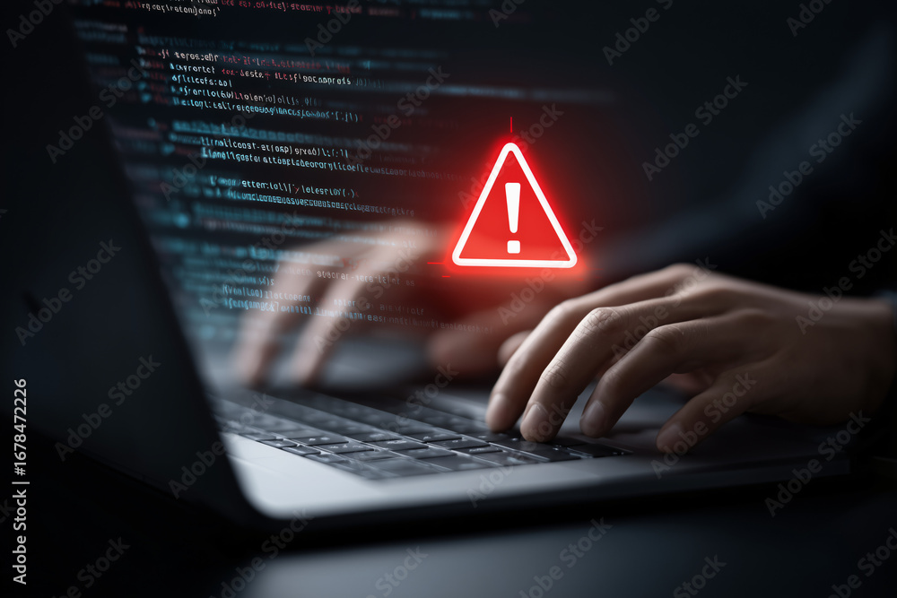 Poster hands typing on a laptop keyboard with a warning sign, showcasing potential data breach and cybersec