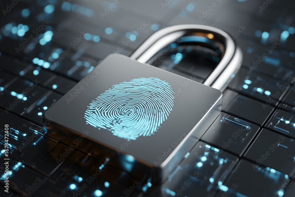 Poster a security padlock with a fingerprint on it, representing digital security and data protection. it h