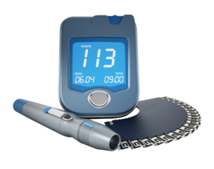 Blood glucose meter with strips on transparent background. 3D illustration