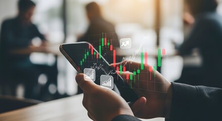 Investor analyzing stock market data on a mobile phone, focusing on financial growth and investment strategy in a modern business setting