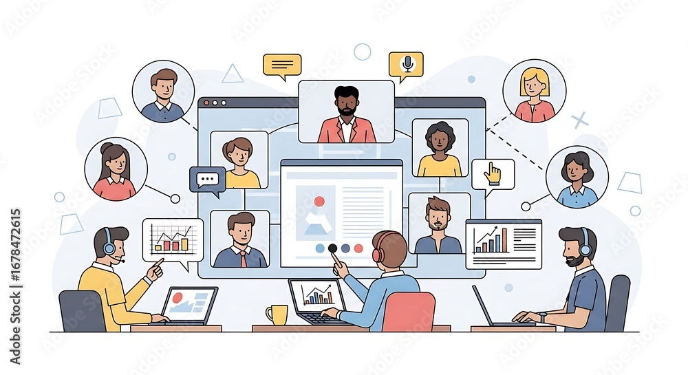 Poster a group of diverse professionals engage in a collaborative online meeting, displaying various commun
