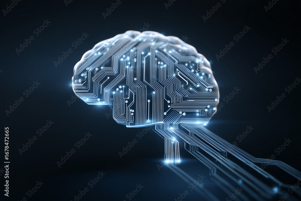 Aufkleber brain illustration. a futuristic, illuminated brain, composed of interconnected circuits, symbolizin
