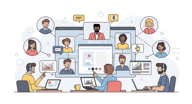 A group of diverse professionals engage in a collaborative online meeting, displaying various communication tools and shared data on a large screen.