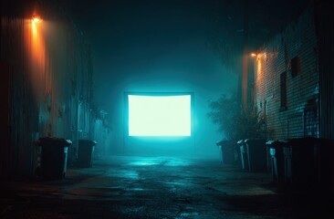 Neon-lit alleyway with a glowing screen