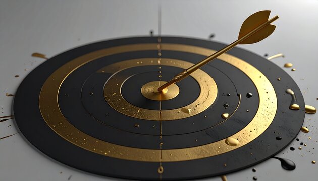 Golden Arrow Pierces the Bullseye, Hitting Target: A Striking Visual Metaphor, A Modern Gold and Black Target Board with a Precision Arrow