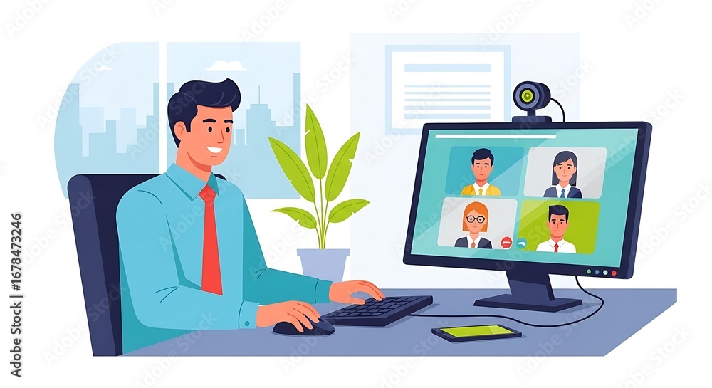 Poster a man participates in a video conference with colleagues on a computer in a stylized office setting.