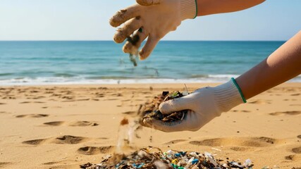 Woman hands picking up trash from sand on a beach wearing gloves. Environmental clean up and conservation concept footage. - Powered by Adobe