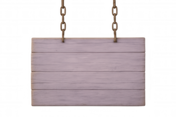 Lavender wooden signboard suspended by twin metallic chains, ready for custom messaging against transparent backdrop