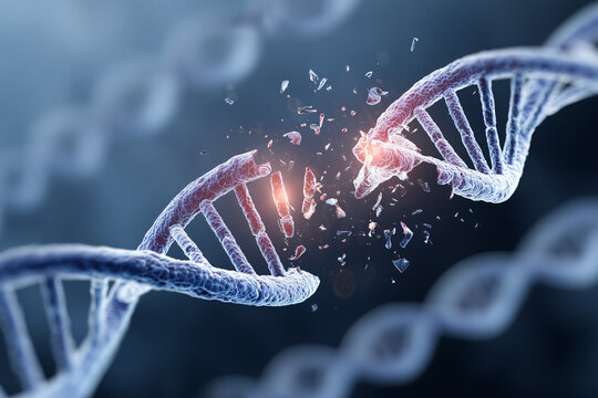 A detailed view of a broken DNA strand in a macro shot, symbolizing genetics and scientific innovation