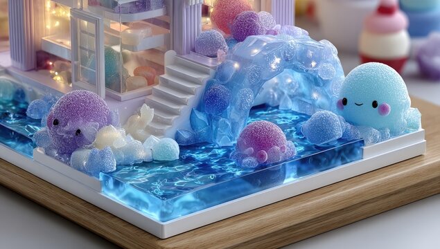 Miniature pastel-colored house with a whimsical ocean scene. A small, light-up house, bathed in soft pastels, rests on a base with a translucent blue ocean.