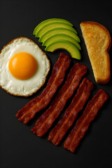Modern Deconstructed American Breakfast with Egg, Bacon, Avocado, and Toast

