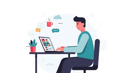 A person sits at a desk, participating in a video conference on a laptop.