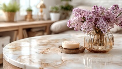 Cozy living room, lilac bouquet, marble table