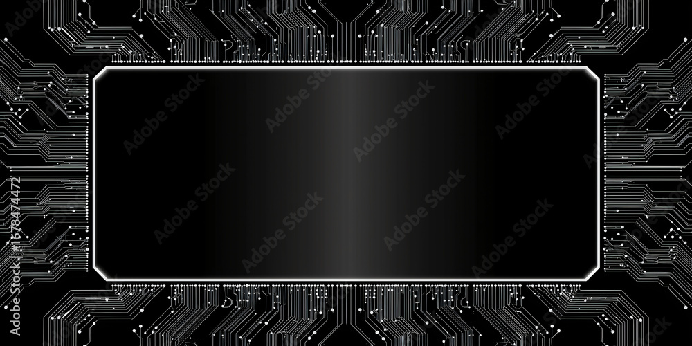 Poster abstract digital circuit board with black frame background. the black frame serves as the central fo