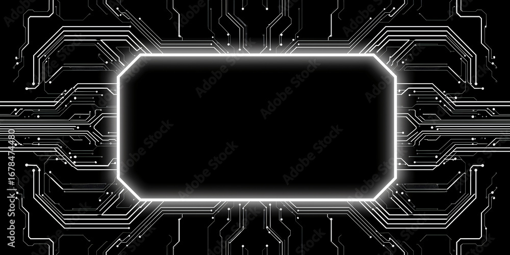 Aufkleber digital display with a central rectangle surrounded by microchips, illustrating modern technology co
