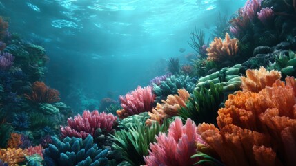 Fototapeta premium Vibrant Underwater Ecosystem with Coral Reefs in High Fidelity Colors and Details