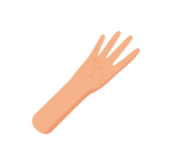 Flat cartoon hand gesture showing four fingers sticker. Palm raised to display the number 4 in a minimalist style. Bare hand with open palm, symbol of counting and math, isolated on a white background