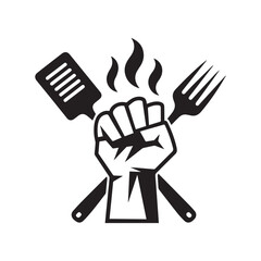  Black and white illustration of a clenched fist holding a spatula and a fork, crossed behind it. 