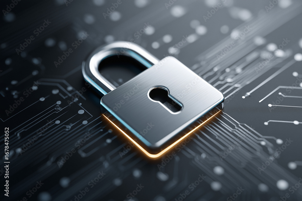 Poster a close-up image of a padlock on a circuit board, symbolizing security and data protection. the padl