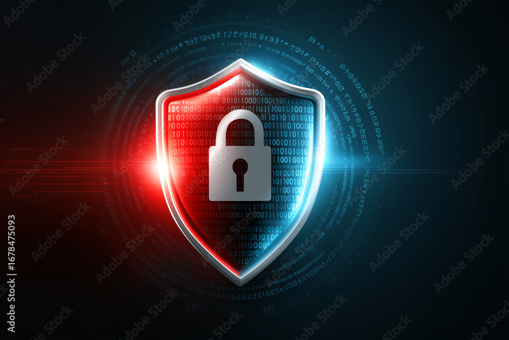 Poster a digitally rendered shield with a padlock inside representing cybersecurity and data protection