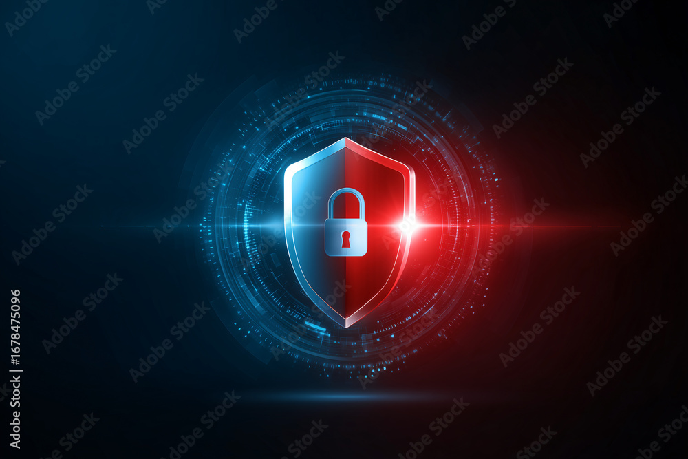 Poster cybersecurity shield with a glowing lock, representing security and protection against cyber threats