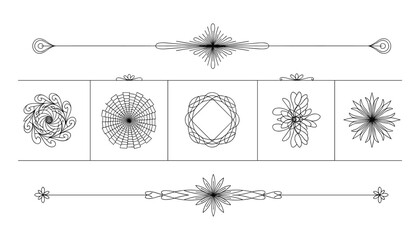 Elegant Geometric Design Elements: Divider Accents and Stylized Round Ornamental Shapes