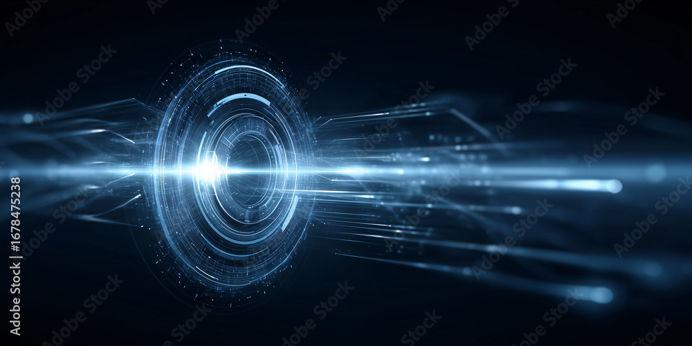 Aufkleber futuristic digital interface with a bright, glowing central element and streams of data flowing outw