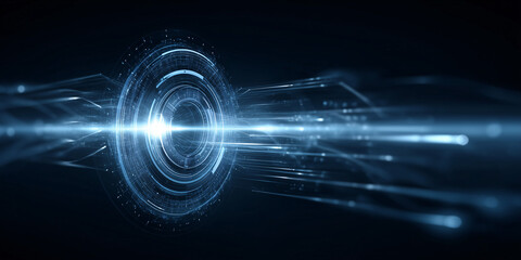 Futuristic digital interface with a bright, glowing central element and streams of data flowing outwards, set against a dark background