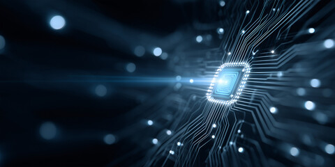 Illustrative depiction of a central processing unit (CPU) with intricate electronic pathways and glowing visual effects, symbolizing the core of modern computing