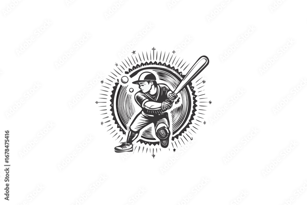 Poster baseball player swinging bat with circular burst design in black and white illustration style create