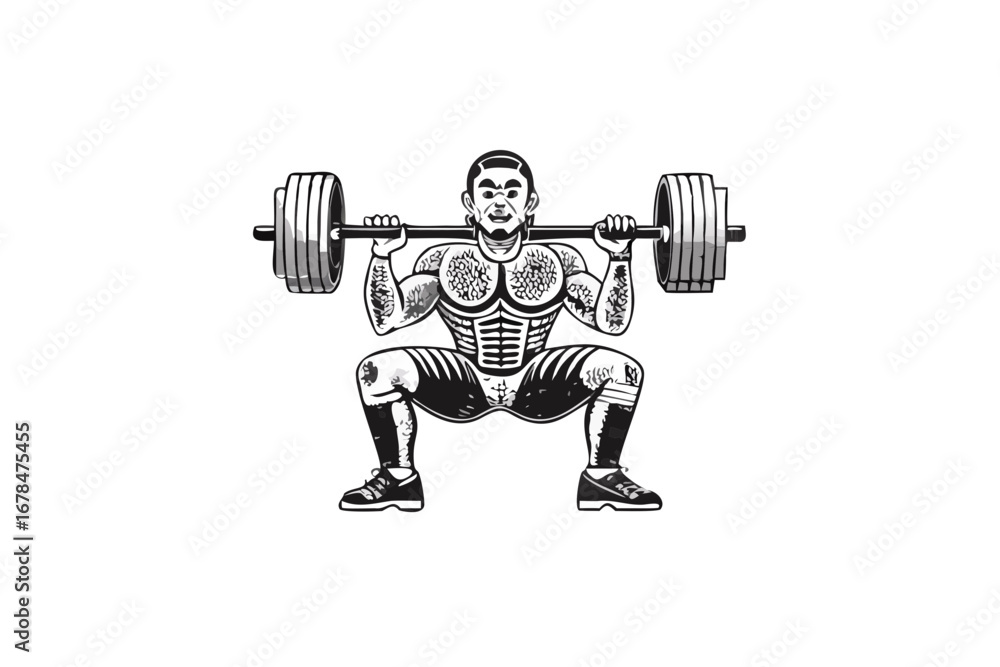 Poster Man with tattoos doing a barbell squat with a serious expression in black and white illustration style created with generated ai