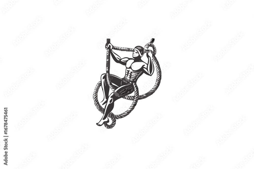 Poster illustration of a muscular man climbing a rope with intricate details and shading in monochrome styl