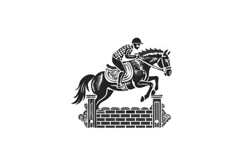Illustration of a horse and rider jumping over a brick wall in a vintage woodcut style design created with generated ai