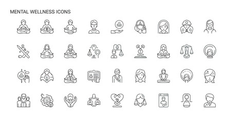 Collection of mental wellness symbols representing balance, mindfulness, and emotional health on a white backdrop, promoting inner peace and wellbeing.