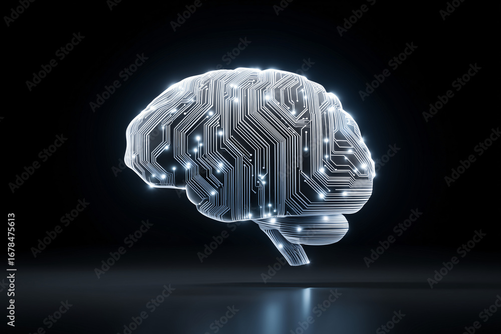 Poster an illuminated brain formed from circuit board lines against a black background