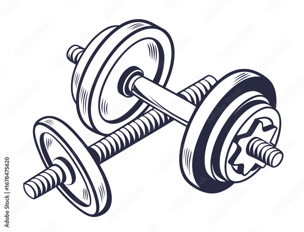 Poster illustration of a single dumbbell with weights on each end in black and white style design art creat