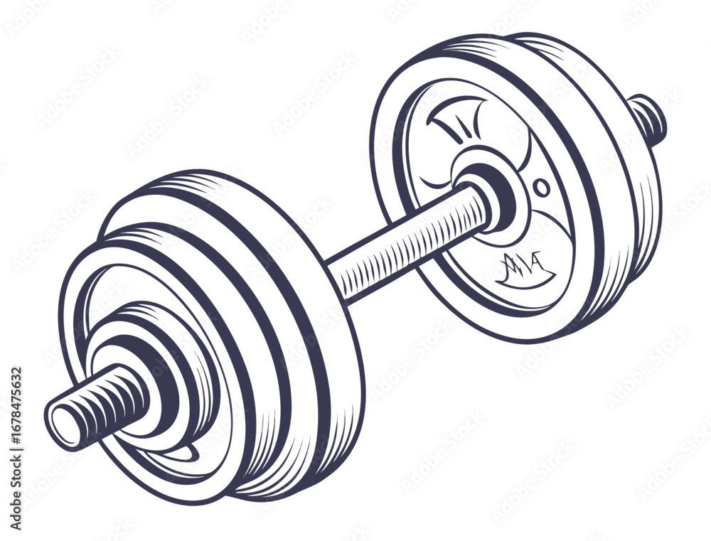 Poster a detailed line drawing of a dumbbell with multiple weight plates on a white background illustration