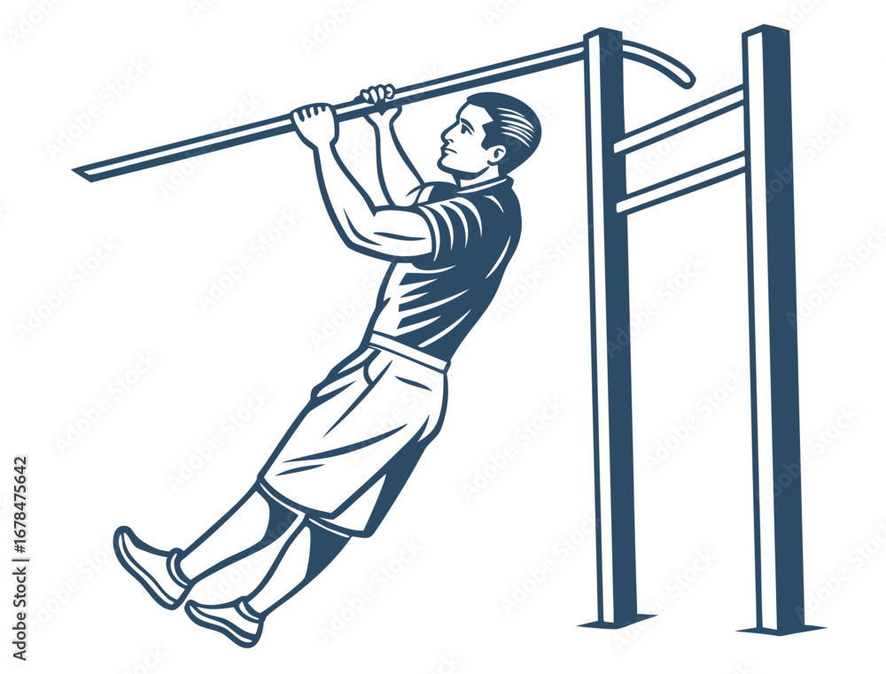 Poster a stylized illustration of a man doing a pull up on a bar with a white background and blue lines cre