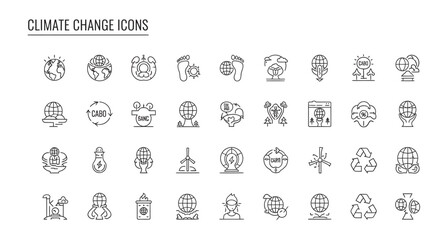 Climate change symbols representing environmental issues and solutions in a simple line style, conveying a message of urgency and global awareness.