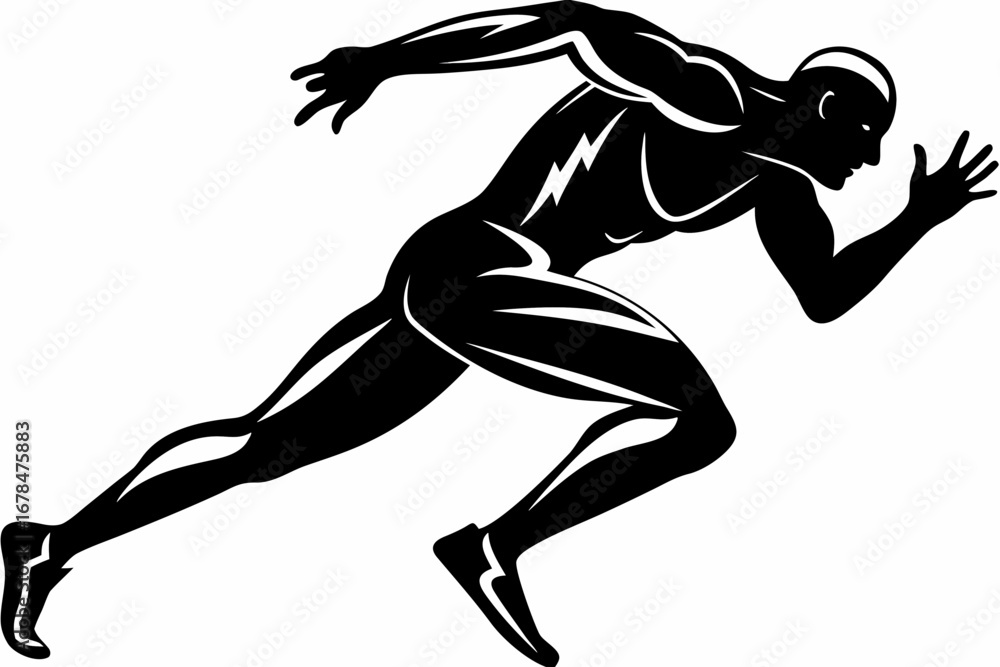 Poster Silhouette of a muscular man in a running pose with lightning bolt on his side in black and white style created with generated ai
