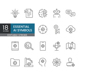 A set of essential vector icons representing core artificial intelligence concepts and elements, created in line style with editable stroke