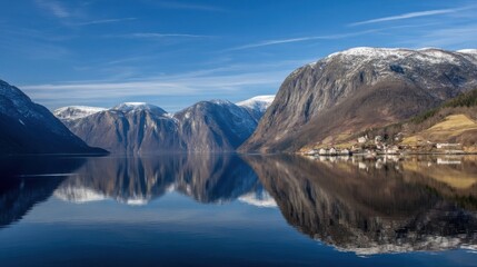 Obraz premium Serene highland landscape with tranquil water reflecting snow-capped peaks, clear blue sky, rugged mountainsides,